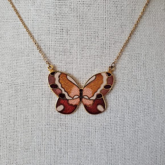 SOLD Vintage Cloisonne Enamel Butterfly Necklace - Picture 1 of 6